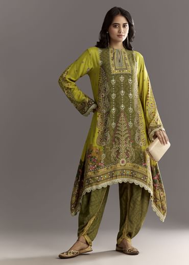 Green Muslin Floral And Bandhani Printed Asymmetrical Cut Kurta Dhoti