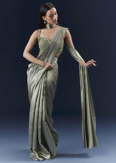 Green Net Ready Pleated Saree With Embroidery Green Net Ready Pleated Saree With Embroidery