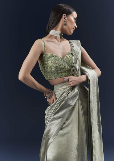Green Net Ready Pleated Saree With Embroidery Green Net Ready Pleated Saree With Embroidery