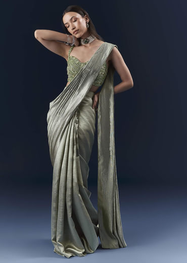 Green Net Ready Pleated Saree With Embroidery Green Net Ready Pleated Saree With Embroidery