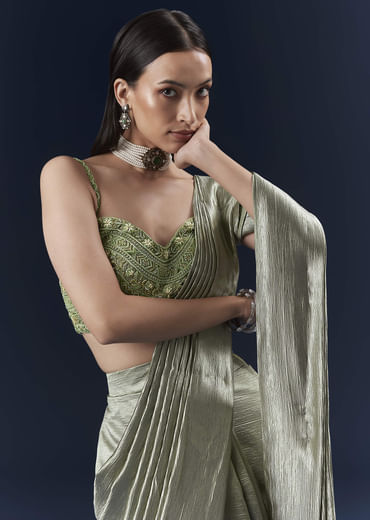 Green Net Ready Pleated Saree With Embroidery Green Net Ready Pleated Saree With Embroidery