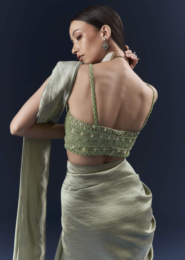 Green Net Ready Pleated Saree With Embroidery Green Net Ready Pleated Saree With Embroidery