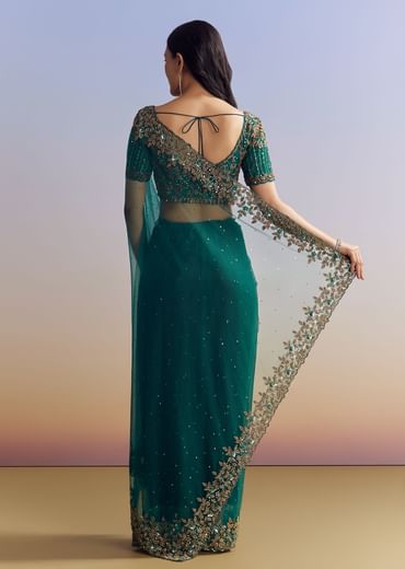 Green Net Saree Featuring Heavy Embroidered Border