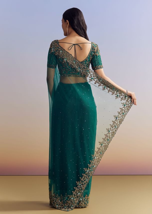 Green Net Saree Featuring Heavy Embroidered Border