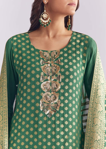 Green Ombre Georgette Kurta Set With Banarasi Weave