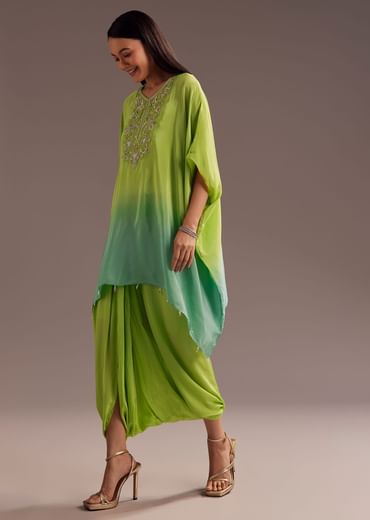 Green Ombre Zardosi Crepe Kaftan Kurta Dhoti Set