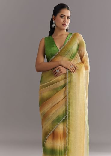 Green Orange Shaded Soft Organza Saree With Cutdana Embroidery And Stone Embellishment