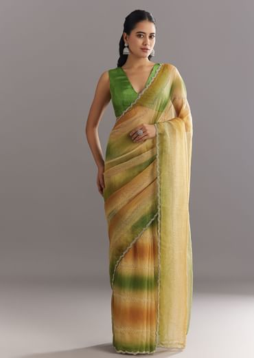 Green Orange Shaded Soft Organza Saree With Cutdana Embroidery And Stone Embellishment