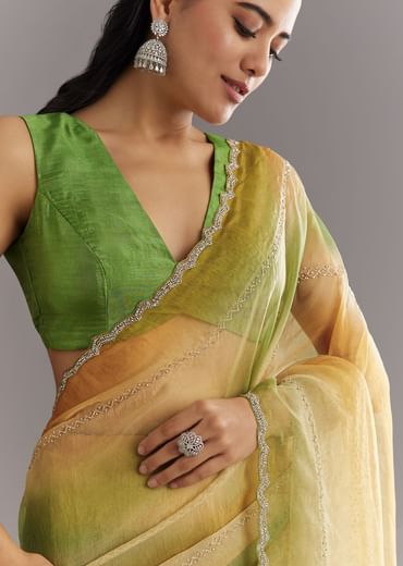 Green Orange Shaded Soft Organza Saree With Cutdana Embroidery And Stone Embellishment