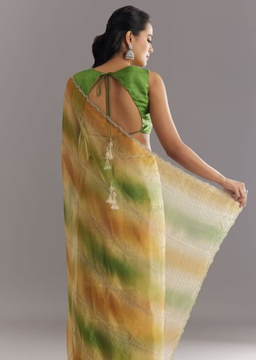 Green Orange Shaded Soft Organza Saree With Cutdana Embroidery And Stone Embellishment