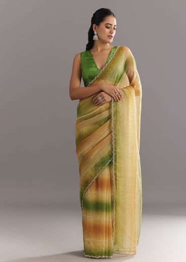 Green Orange Shaded Soft Organza Saree With Cutdana Embroidery And Stone Embellishment