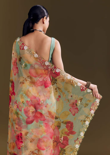 Green Organza Floral Saree With Embellished Border