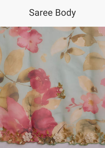 Green Organza Floral Saree With Embellished Border