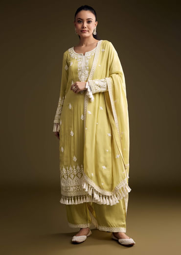 Green Organza Kurta Set With Thread Embroidery
