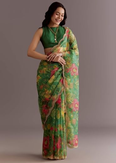 Green Organza Saree With Floral Print And Embellished Border