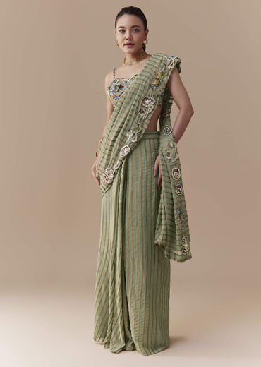 Green Pre Pleated Printed Saree with Gota Blouse