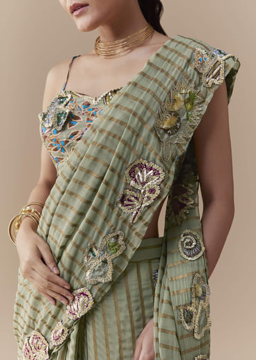Green Pre Pleated Printed Saree with Gota Blouse