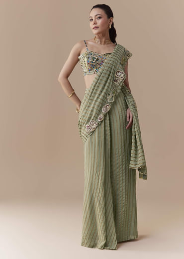 Green Pre Pleated Printed Saree with Gota Blouse