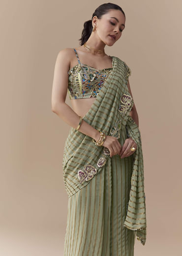 Green Pre Pleated Printed Saree with Gota Blouse