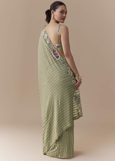 Green Pre Pleated Printed Saree with Gota Blouse