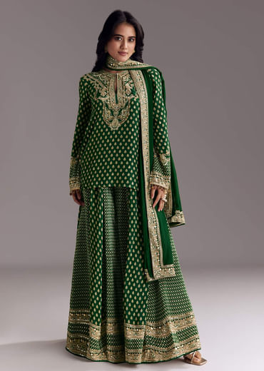 Green Printed Crepe Palazzo Set With Dupatta