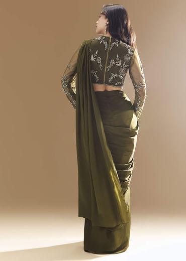 Green Ready Pleated Saree with Cutdana Blouse