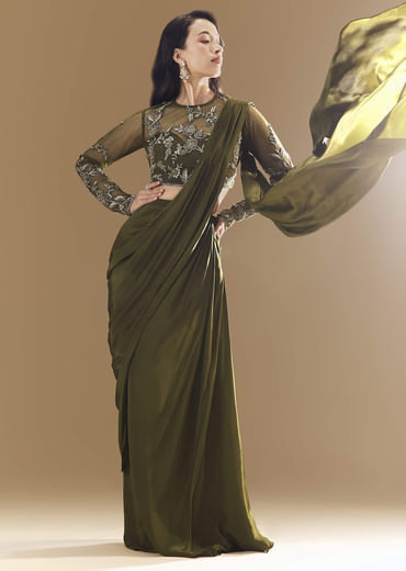Green Ready Pleated Saree with Cutdana Blouse