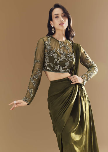 Green Ready Pleated Saree with Cutdana Blouse