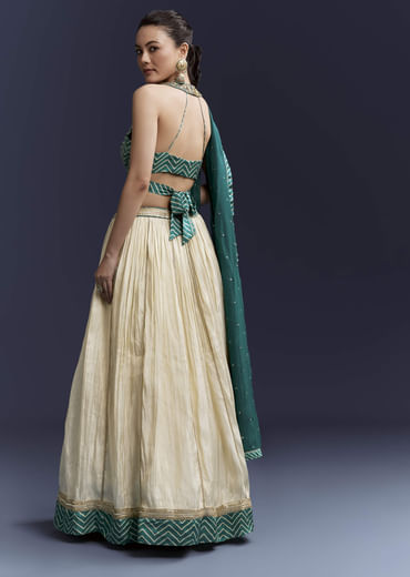 Green Satin Bridesmaid Lehenga With Hand Dyed Chevron Print Choli