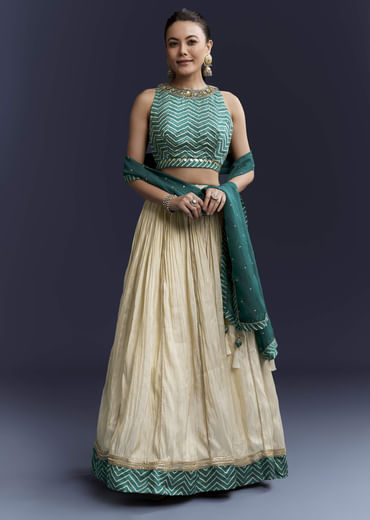 Green Satin Bridesmaid Lehenga With Hand Dyed Chevron Print Choli