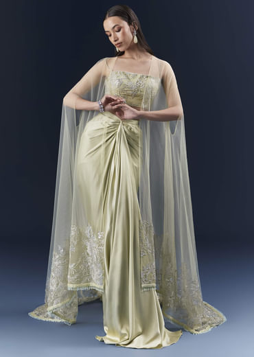 Green Satin Crop Top And Drape Skirt Set With Lace Work