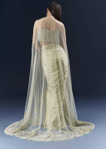 Green Satin Crop Top And Drape Skirt Set With Lace Work