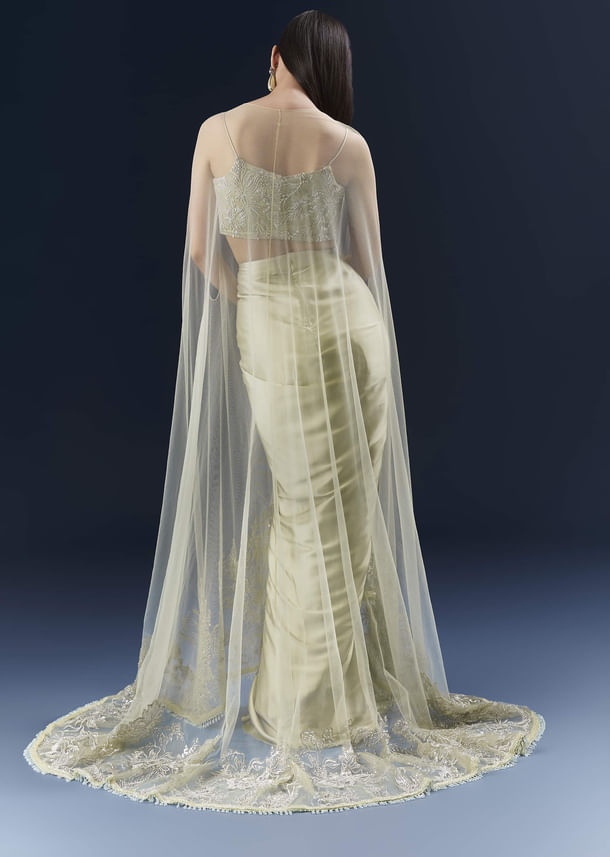 Green Satin Crop Top And Drape Skirt Set With Lace Work