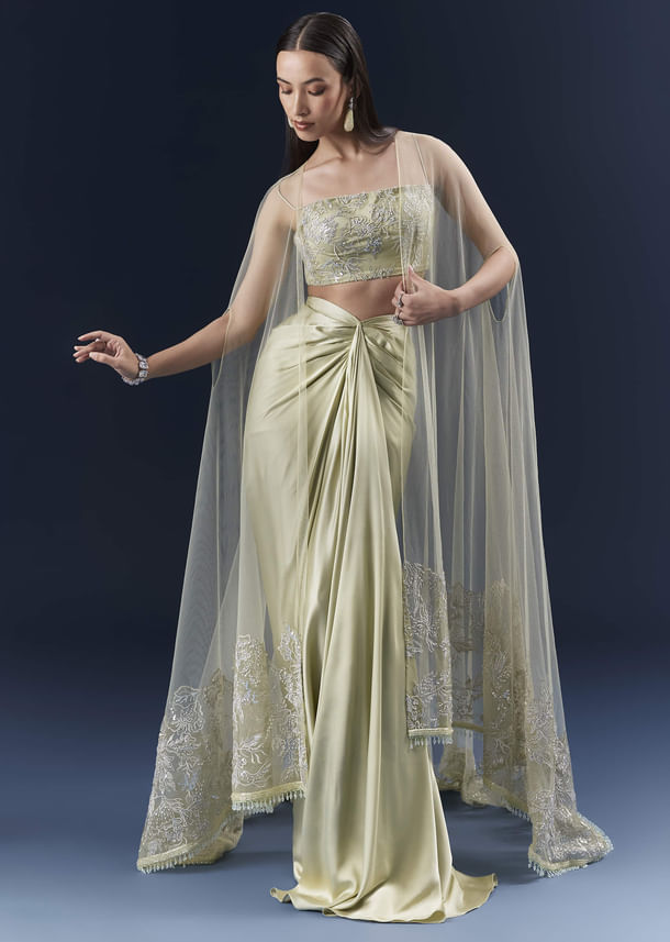 Green Satin Crop Top And Drape Skirt Set With Lace Work