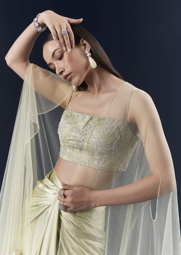 Green Satin Crop Top And Drape Skirt Set With Lace Work