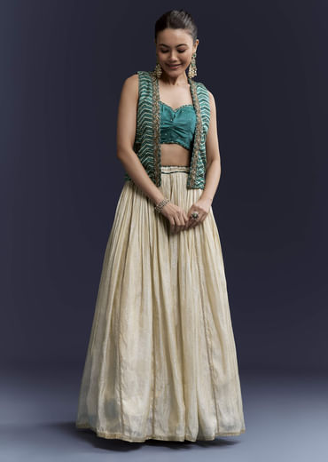 Green Satin Festive Lehenga With Hand Dyed Chevron Print Jacket