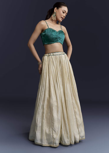 Green Satin Festive Lehenga With Hand Dyed Chevron Print Jacket