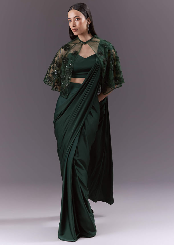Green Satin Ready Pleated Saree With Embroidery Green Satin Ready Pleated Saree With Embroidery