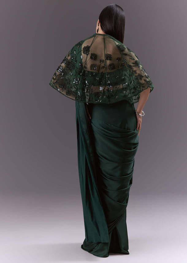 Green Satin Ready Pleated Saree With Embroidery Green Satin Ready Pleated Saree With Embroidery