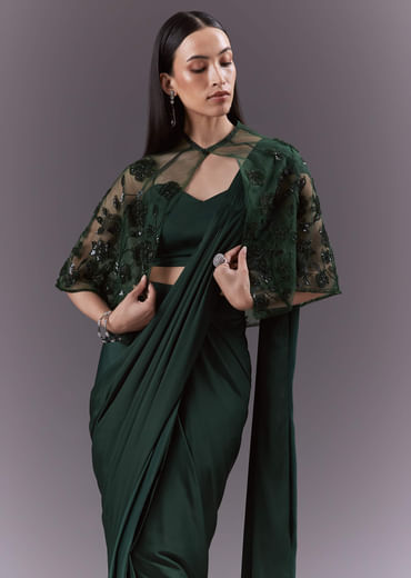 Green Satin Ready Pleated Saree With Embroidery