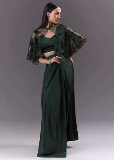 Green Satin Ready Pleated Saree With Embroidery