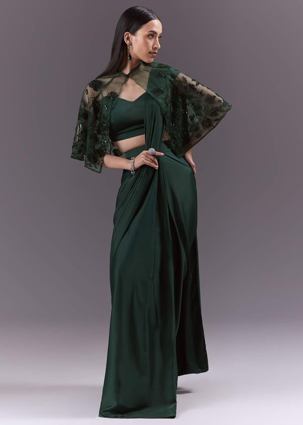 Green Satin Ready Pleated Saree With Embroidery Green Satin Ready Pleated Saree With Embroidery