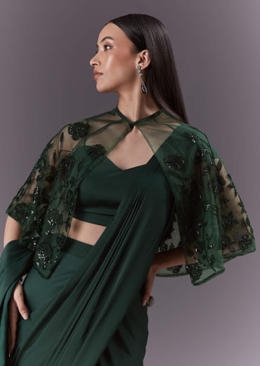 Green Satin Ready Pleated Saree With Embroidery