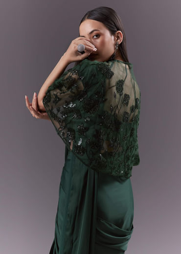 Green Satin Ready Pleated Saree With Embroidery