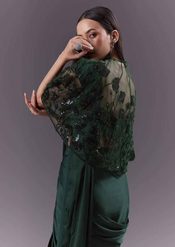 Green Satin Ready Pleated Saree With Embroidery Green Satin Ready Pleated Saree With Embroidery