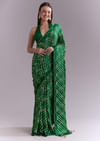 Green Satin Saree With Criss Cross Stripes And Zari Border
