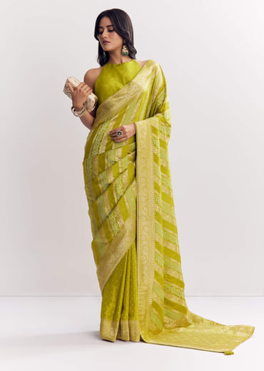 Green Satin Saree With Zari Vine Design