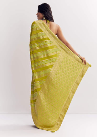 Green Satin Saree With Zari Vine Design