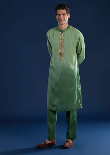 Green Sequin Work Mens Kurta and Pant Set