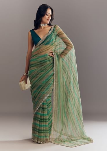 Green Shaded Tissue Saree With Cutwork Scallop Border